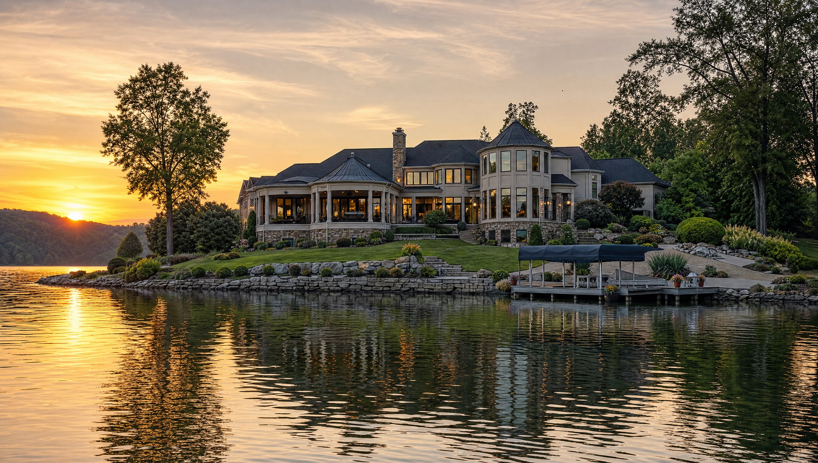 Lakefront luxury home in Tellico Village at sunset