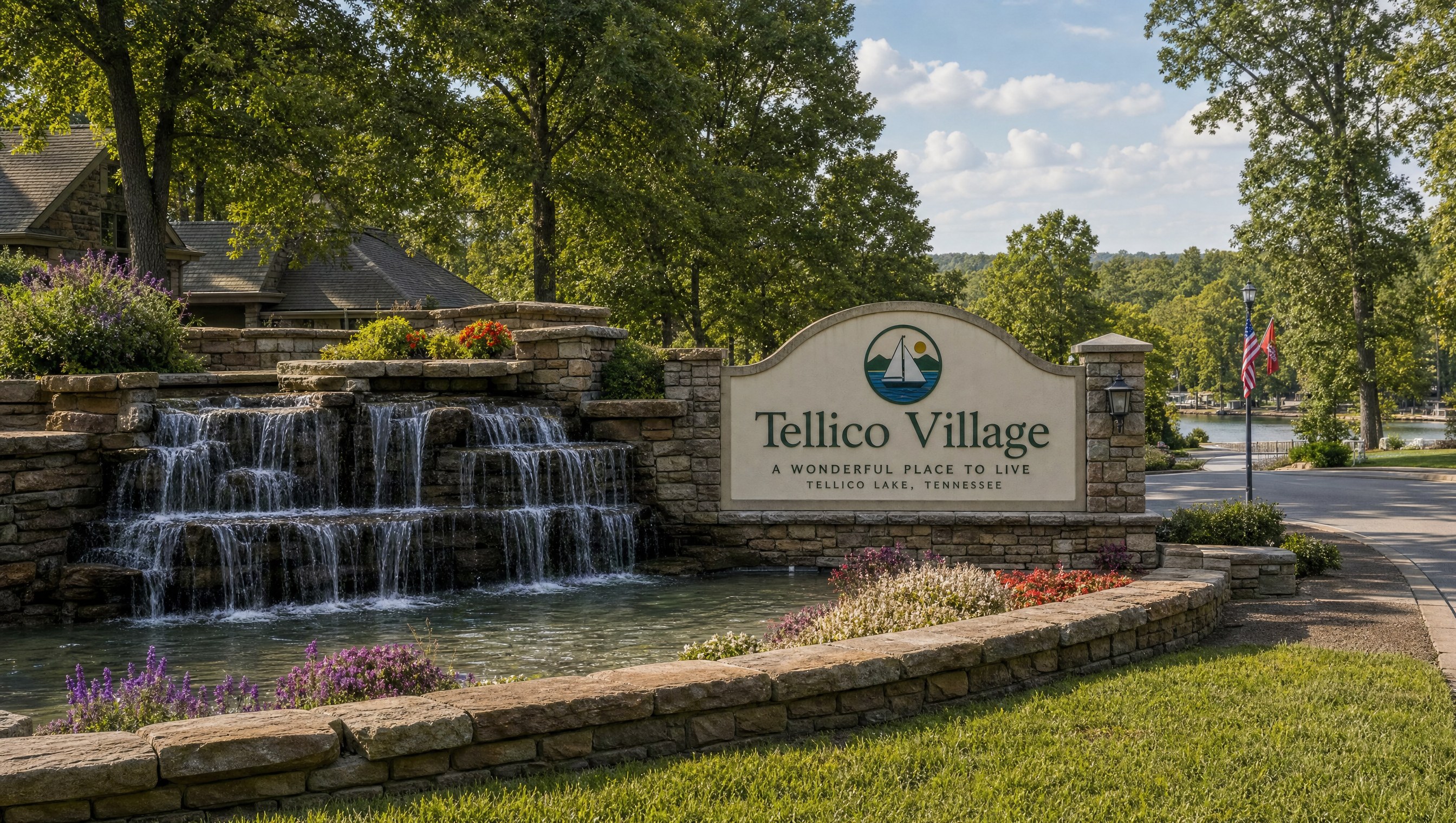 Tellico Village welcome sign beside a waterfall